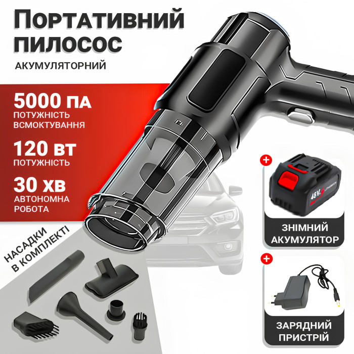Портативний автомобільний акумуляторний пилосос 21V та 5 насадок Dust collector 