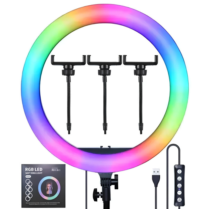 Кільцева LED лампа RGB M45 з трьома кріпленнями для телефону і пультом управління 45 см (без штатива) Кільцева LED лампа RGB M45 з трьома кріпленнями для телефону і пультом управління 45 см (без штатива)