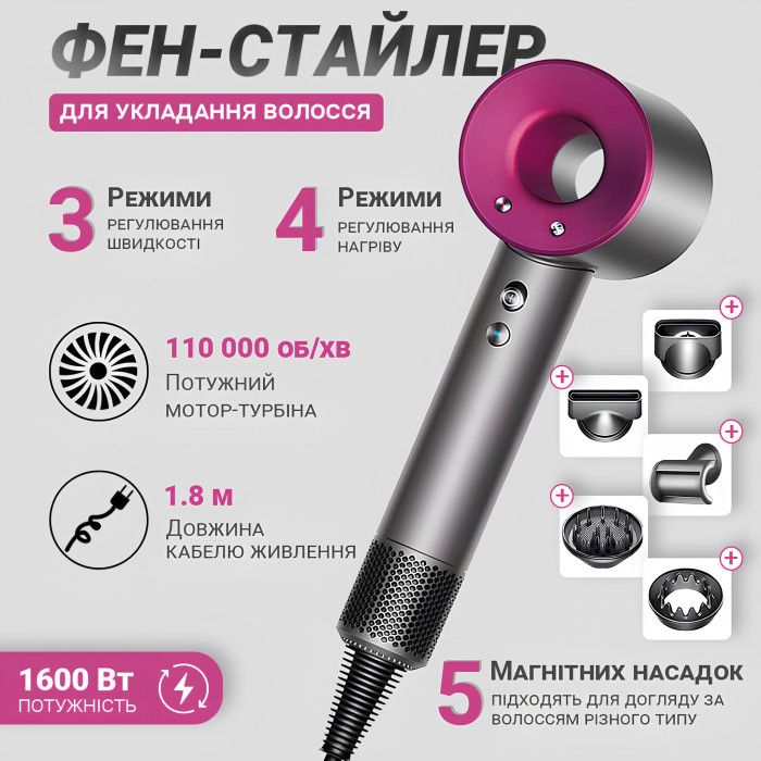 Професійний фен-стайлер для укладання волосся з турбо режимом та іонізацією 5 насадок
